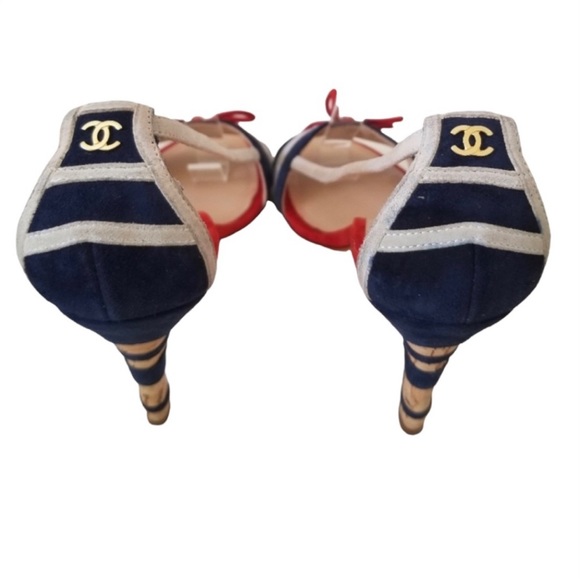 CHANEL Nautical Striped Suede Heels - Picture 5 of 11